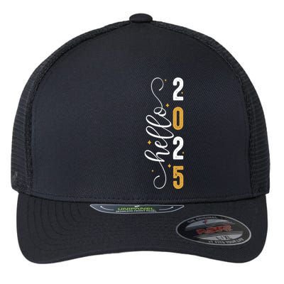 Hello 2025 New Year Front Back Design Flexfit Unipanel Trucker Cap