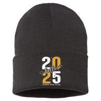 Hello 2025 New Year Front Back Design Sustainable Knit Beanie