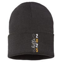 Hello 2025 New Year Front Back Design Sustainable Knit Beanie