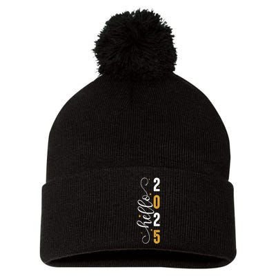 Hello 2025 New Year Front Back Design Pom Pom 12in Knit Beanie