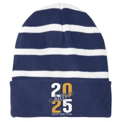 Hello 2025 New Year Front Back Design Striped Beanie with Solid Band