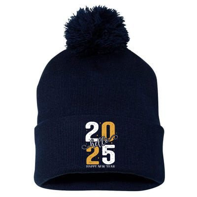 Hello 2025 New Year Front Back Design Pom Pom 12in Knit Beanie