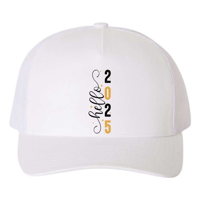 Hello 2025 New Year Front Back Design Yupoong Adult 5-Panel Trucker Hat