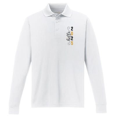 Hello 2025 New Year Front Back Design Performance Long Sleeve Polo