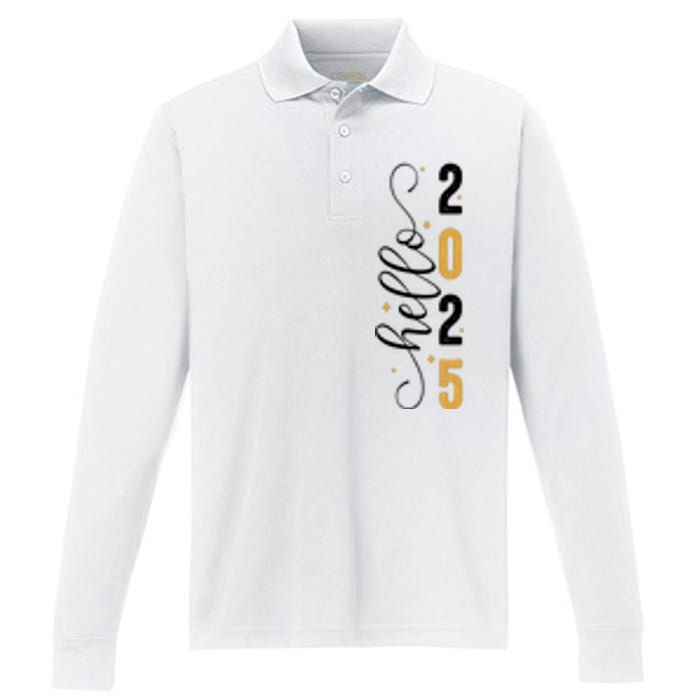 Hello 2025 New Year Front Back Design Performance Long Sleeve Polo