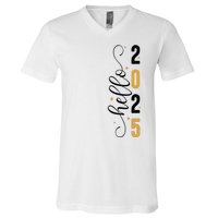 Hello 2025 New Year Front Back Design V-Neck T-Shirt