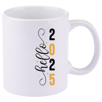 Hello 2025 New Year Front Back Design 11oz C Handle Ceramic Mug