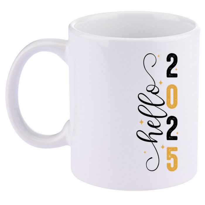 Hello 2025 New Year Front Back Design 11oz C Handle Ceramic Mug