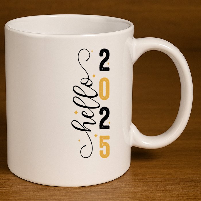 Hello 2025 New Year Front Back Design 11oz C Handle Ceramic Mug