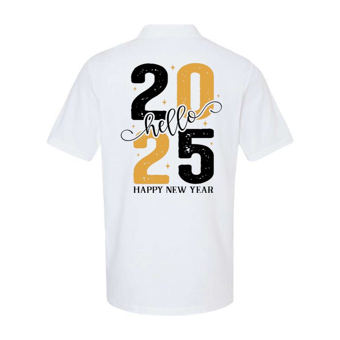 Hello 2025 New Year Front Back Design Softstyle Adult Sport Polo