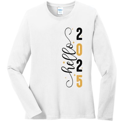 Hello 2025 New Year Front Back Design Ladies Long Sleeve Shirt