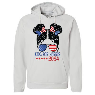 Harris 2024 President Girl Messy Bun American Flag Performance Fleece Hoodie