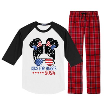 Harris 2024 President Girl Messy Bun American Flag Raglan Sleeve Pajama Set