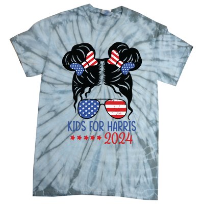 Harris 2024 President Girl Messy Bun American Flag Tie-Dye T-Shirt