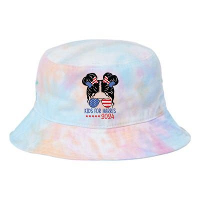 Harris 2024 President Girl Messy Bun American Flag Tie Dye Newport Bucket Hat