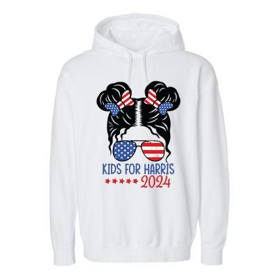 Harris 2024 President Girl Messy Bun American Flag Garment-Dyed Fleece Hoodie