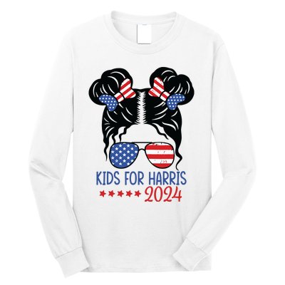 Harris 2024 President Girl Messy Bun American Flag Long Sleeve Shirt