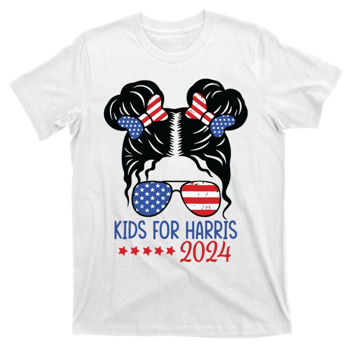 Harris 2024 President Girl Messy Bun American Flag T-Shirt