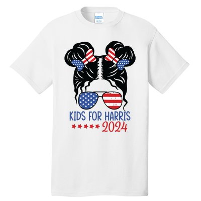 Harris 2024 President Girl Messy Bun American Flag Tall T-Shirt