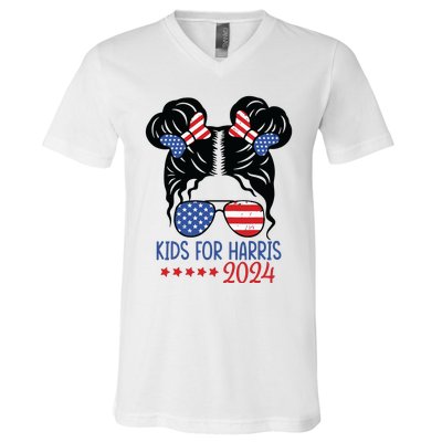 Harris 2024 President Girl Messy Bun American Flag V-Neck T-Shirt