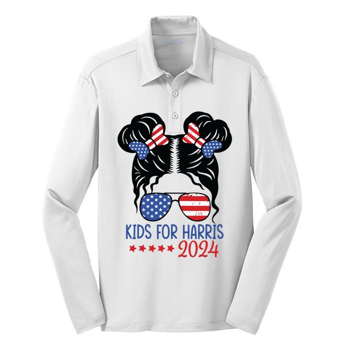 Harris 2024 President Girl Messy Bun American Flag Silk Touch Performance Long Sleeve Polo