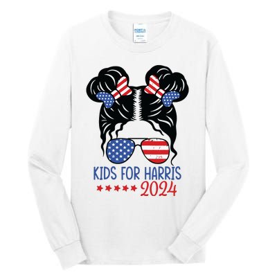 Harris 2024 President Girl Messy Bun American Flag Tall Long Sleeve T-Shirt