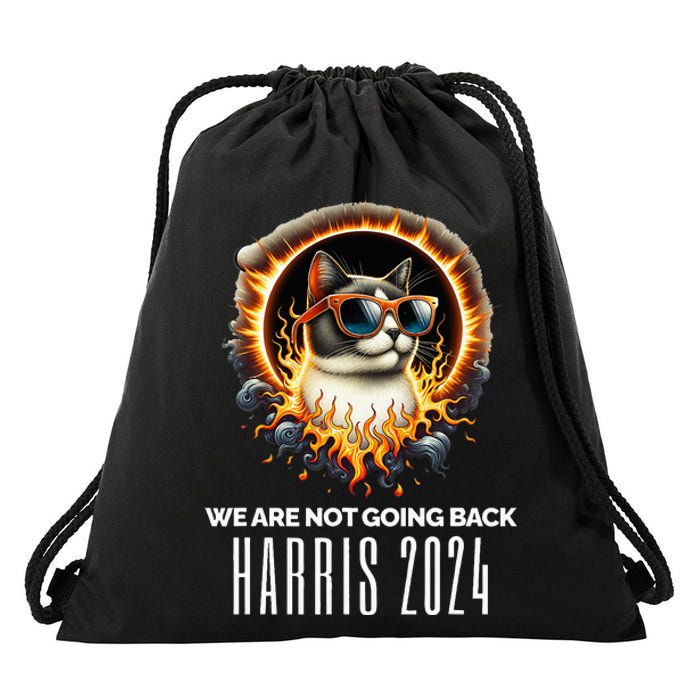 Harris 2024 We Are Not Going Back Funny Cat On Fire Democrat Drawstring Bag