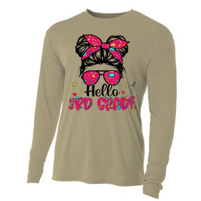 Hello 3rd Grade Messy Bun Back To School First Day Cooling Performance Long Sleeve Crew