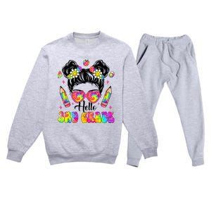 Hello 3rd Grade Third Back To School Tie Dye Messy Bun Premium Crewneck Sweatsuit Set