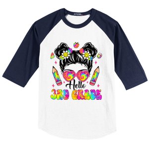 Hello 3rd Grade Third Back To School Tie Dye Messy Bun Baseball Sleeve Shirt