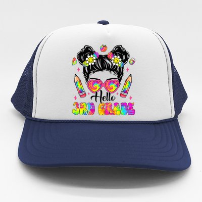 Hello 3rd Grade Third Back To School Tie Dye Messy Bun Trucker Hat