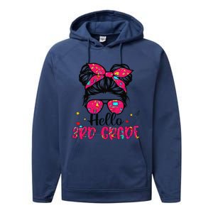 Hello 3rd Grade Messy Bun Back To School First Day Performance Fleece Hoodie