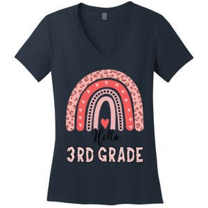 Hello 3rd Grade Rainbow Leopard Back To School First Day Women's V-Neck T-Shirt