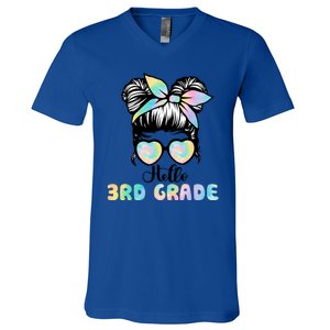 Hello 3rd Grade Messy Hair Bun Girl Back To School First Day V-Neck T-Shirt