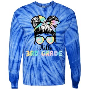 Hello 3rd Grade Messy Hair Bun Girl Back To School First Day Tie-Dye Long Sleeve Shirt