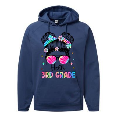 Hello 3rd Grade Messy Hair Bun Girl Back To School First Day Performance Fleece Hoodie