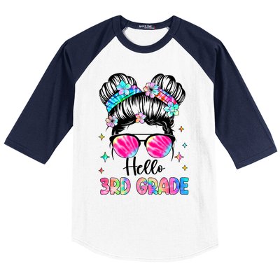 Hello 3rd Grade Messy Hair Bun Girl Back To School First Day Baseball Sleeve Shirt