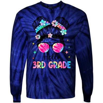 Hello 3rd Grade Messy Hair Bun Girl Back To School First Day Tie-Dye Long Sleeve Shirt