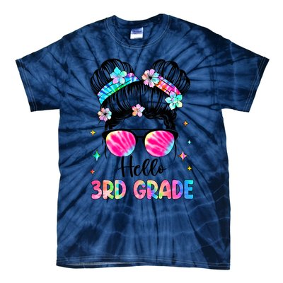 Hello 3rd Grade Messy Hair Bun Girl Back To School First Day Tie-Dye T-Shirt