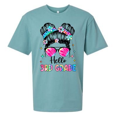 Hello 3rd Grade Messy Hair Bun Girl Back To School First Day Sueded Cloud Jersey T-Shirt