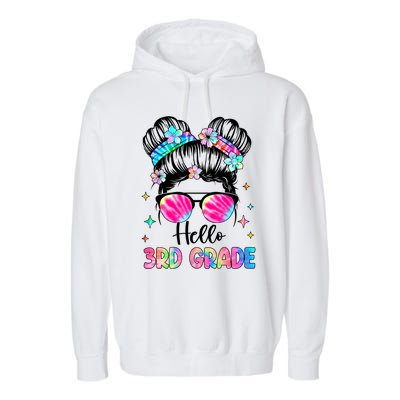 Hello 3rd Grade Messy Hair Bun Girl Back To School First Day Garment-Dyed Fleece Hoodie