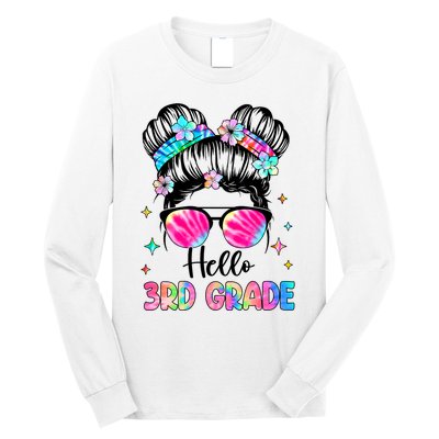 Hello 3rd Grade Messy Hair Bun Girl Back To School First Day Long Sleeve Shirt