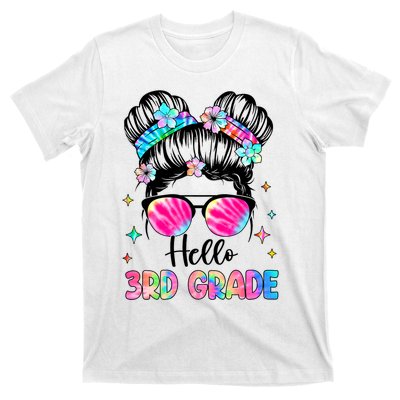 Hello 3rd Grade Messy Hair Bun Girl Back To School First Day T-Shirt