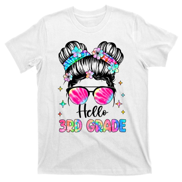 Hello 3rd Grade Messy Hair Bun Girl Back To School First Day T-Shirt