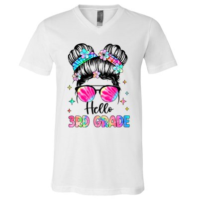 Hello 3rd Grade Messy Hair Bun Girl Back To School First Day V-Neck T-Shirt