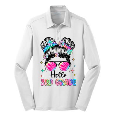 Hello 3rd Grade Messy Hair Bun Girl Back To School First Day Silk Touch Performance Long Sleeve Polo