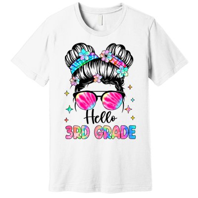 Hello 3rd Grade Messy Hair Bun Girl Back To School First Day Premium T-Shirt