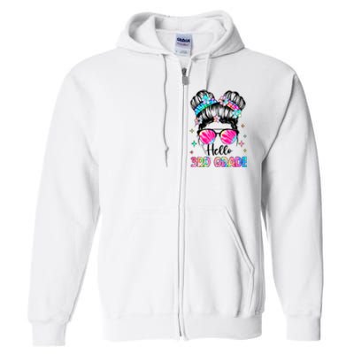 Hello 3rd Grade Messy Hair Bun Girl Back To School First Day Full Zip Hoodie