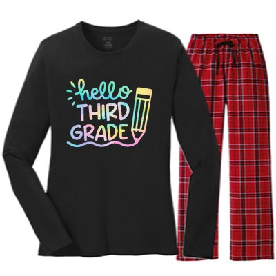 Hello 3rd Grade Tie Dye Teachers Kids Back To School Funny Women's Long Sleeve Flannel Pajama Set 