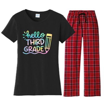 Hello 3rd Grade Tie Dye Teachers Kids Back To School Funny Women's Flannel Pajama Set